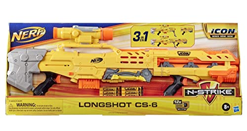 Nerf N-Strike Icon Series – Longshot CS-6 Foam Blaster 3 en 1 + 12 fléchettes officielles Nerf Elite Icon – 8 ans et plus – E8886EU50